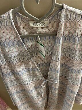 Kasper Pastel Blue Lotus multi Wave-Print Tie-Front Blouse